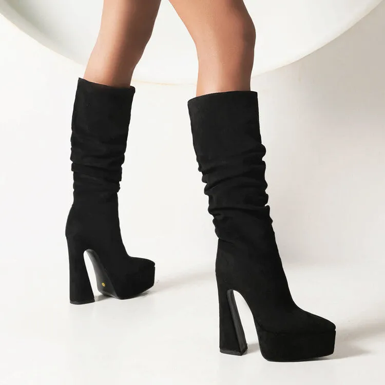 Women's Flock Pointed Toe Spool Heel Platform Knee High Boots