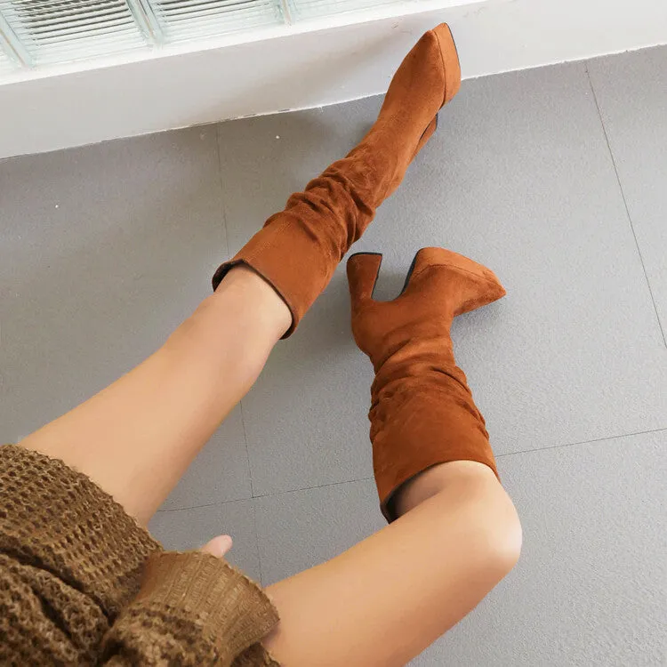 Women's Flock Pointed Toe Spool Heel Platform Knee High Boots