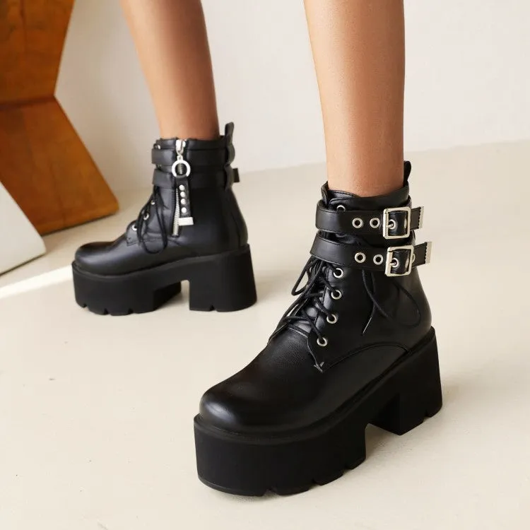 Women's Glossy Round Toe Tied Belts Buckles Belts Block Heel Platform Short Boots