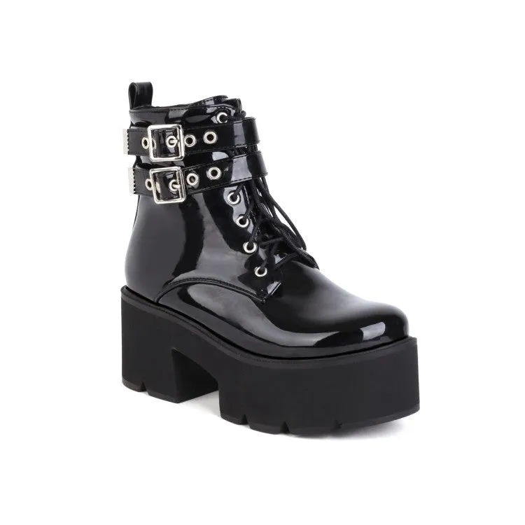 Women's Glossy Round Toe Tied Belts Buckles Belts Block Heel Platform Short Boots