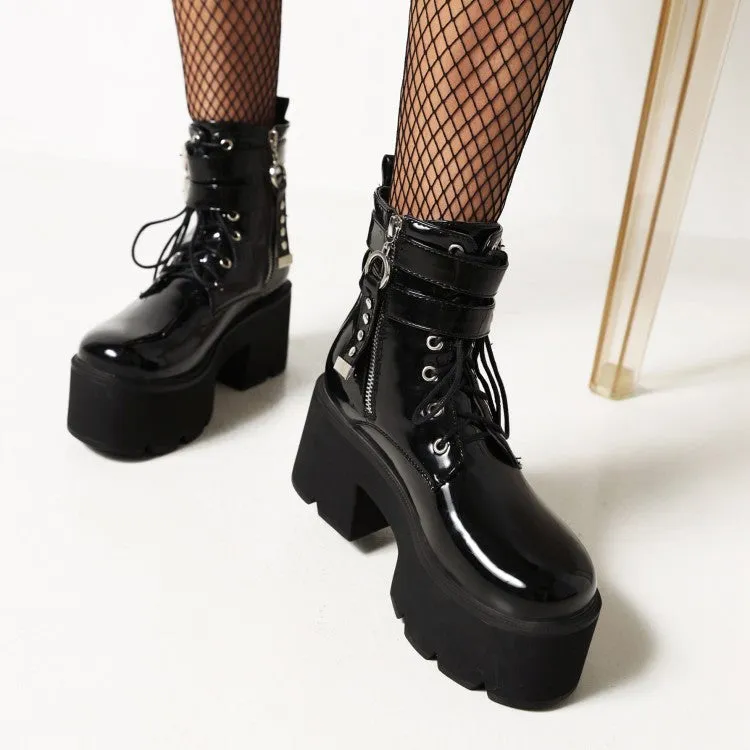 Women's Glossy Round Toe Tied Belts Buckles Belts Block Heel Platform Short Boots