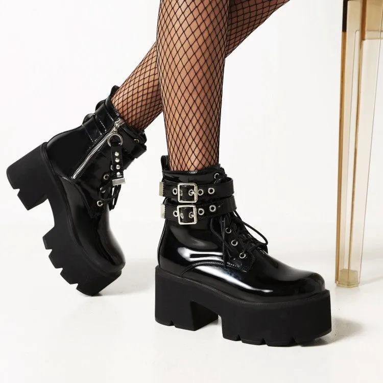 Women's Glossy Round Toe Tied Belts Buckles Belts Block Heel Platform Short Boots