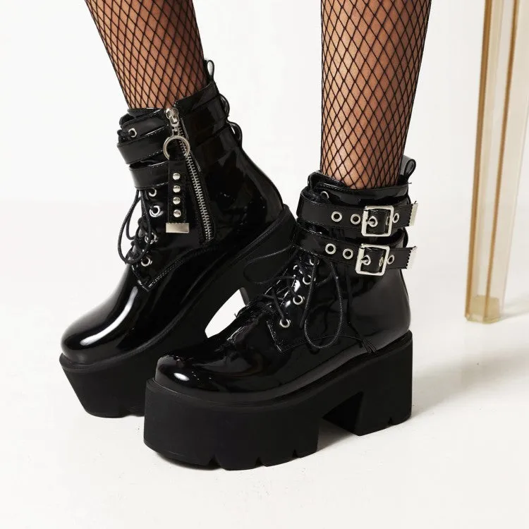 Women's Glossy Round Toe Tied Belts Buckles Belts Block Heel Platform Short Boots