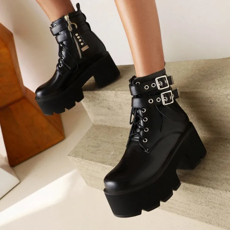 Women's Glossy Round Toe Tied Belts Buckles Belts Block Heel Platform Short Boots