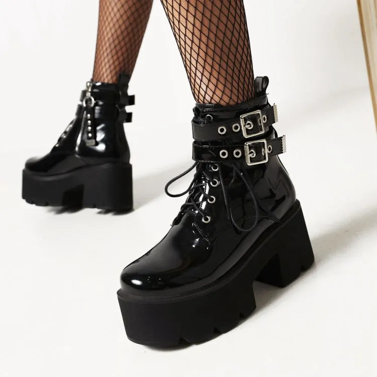 Women's Glossy Round Toe Tied Belts Buckles Belts Block Heel Platform Short Boots