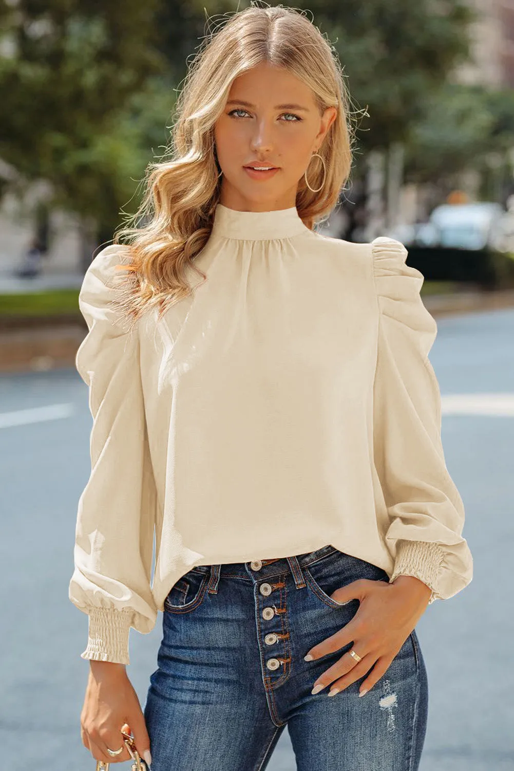 Womens High Neck Puff Long Sleeve Dressy Casual Work Loose Blouses Tops Shirts