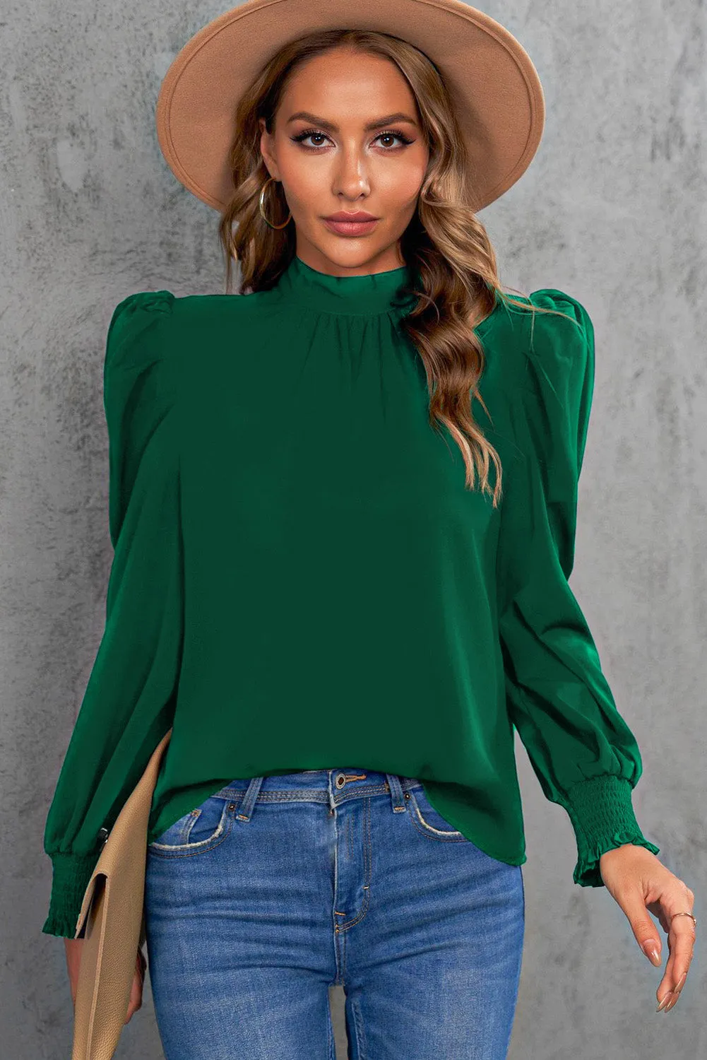 Womens High Neck Puff Long Sleeve Dressy Casual Work Loose Blouses Tops Shirts