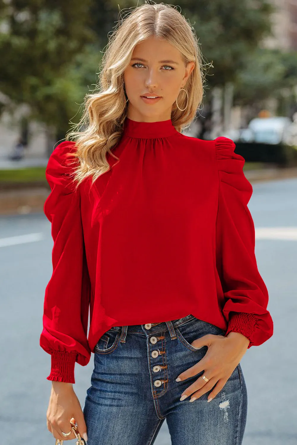 Womens High Neck Puff Long Sleeve Dressy Casual Work Loose Blouses Tops Shirts