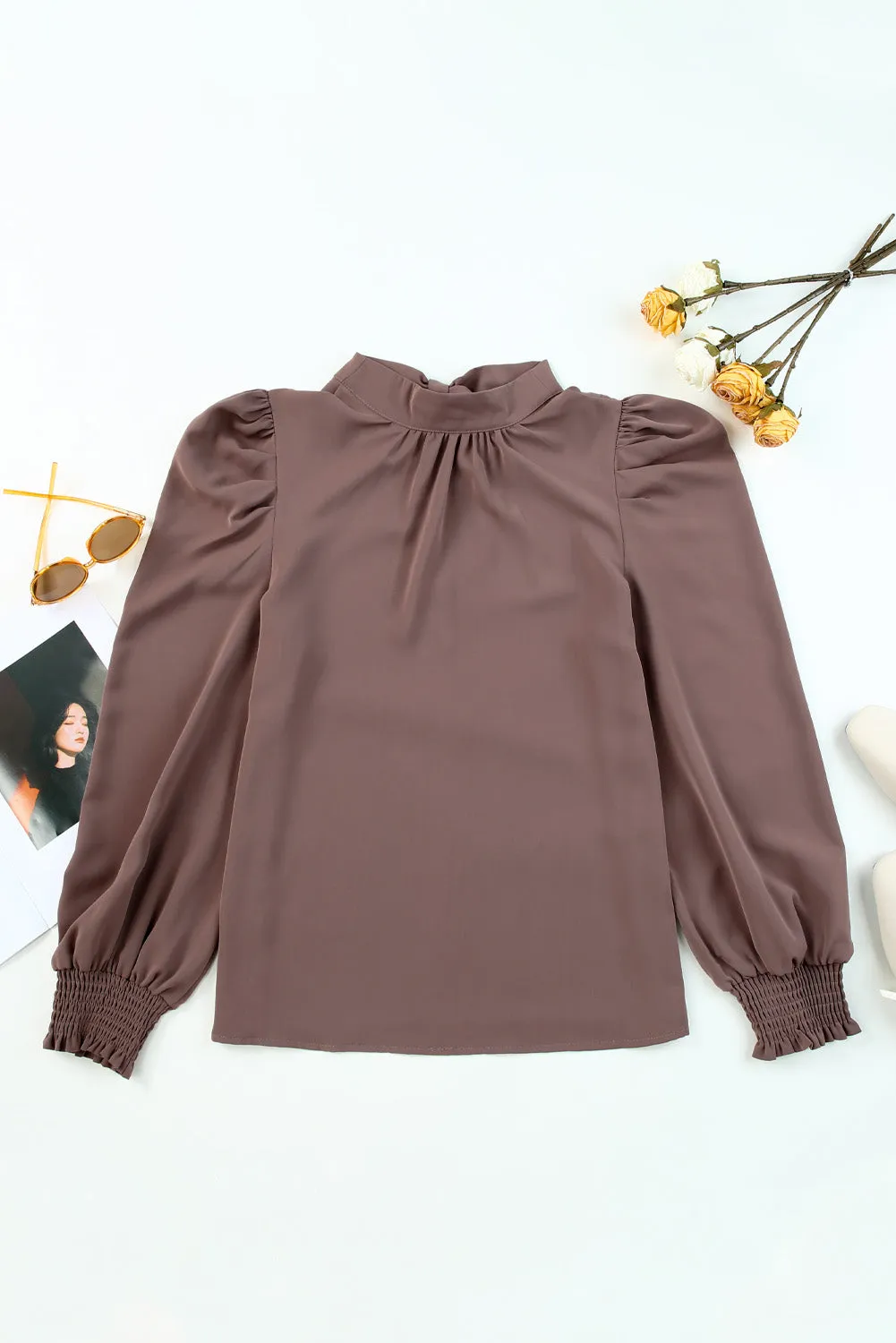 Womens High Neck Puff Long Sleeve Dressy Casual Work Loose Blouses Tops Shirts