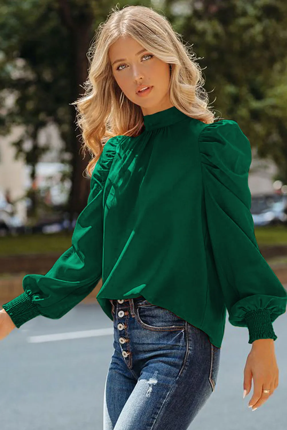 Womens High Neck Puff Long Sleeve Dressy Casual Work Loose Blouses Tops Shirts