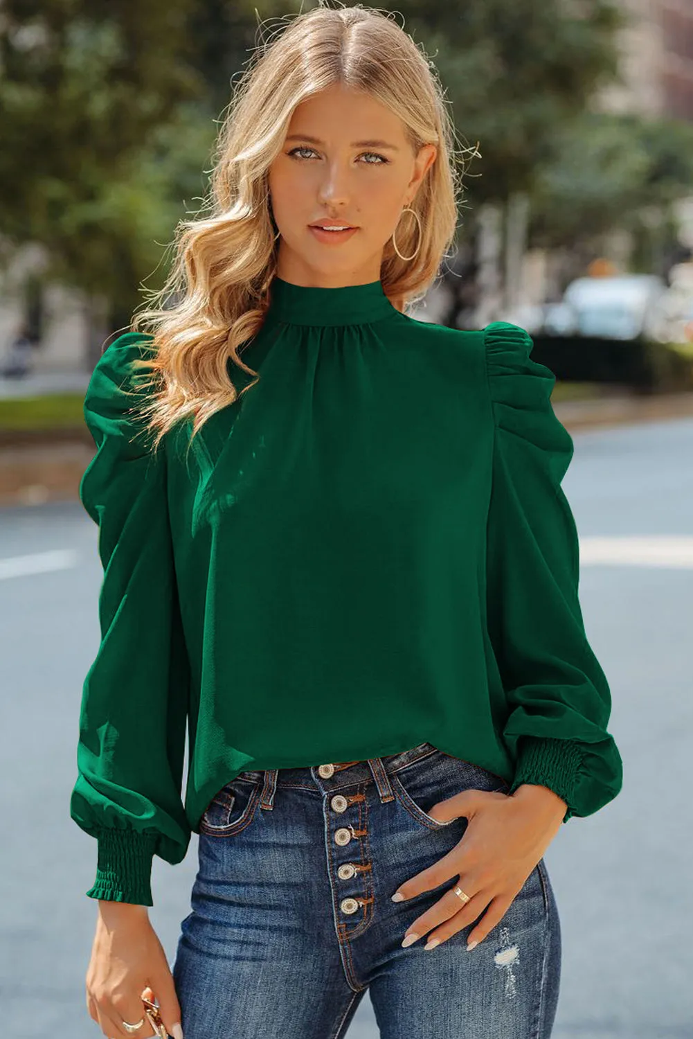 Womens High Neck Puff Long Sleeve Dressy Casual Work Loose Blouses Tops Shirts