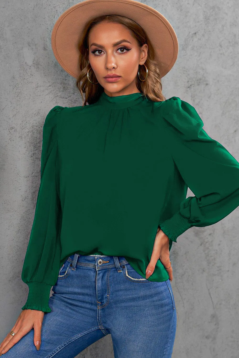 Womens High Neck Puff Long Sleeve Dressy Casual Work Loose Blouses Tops Shirts