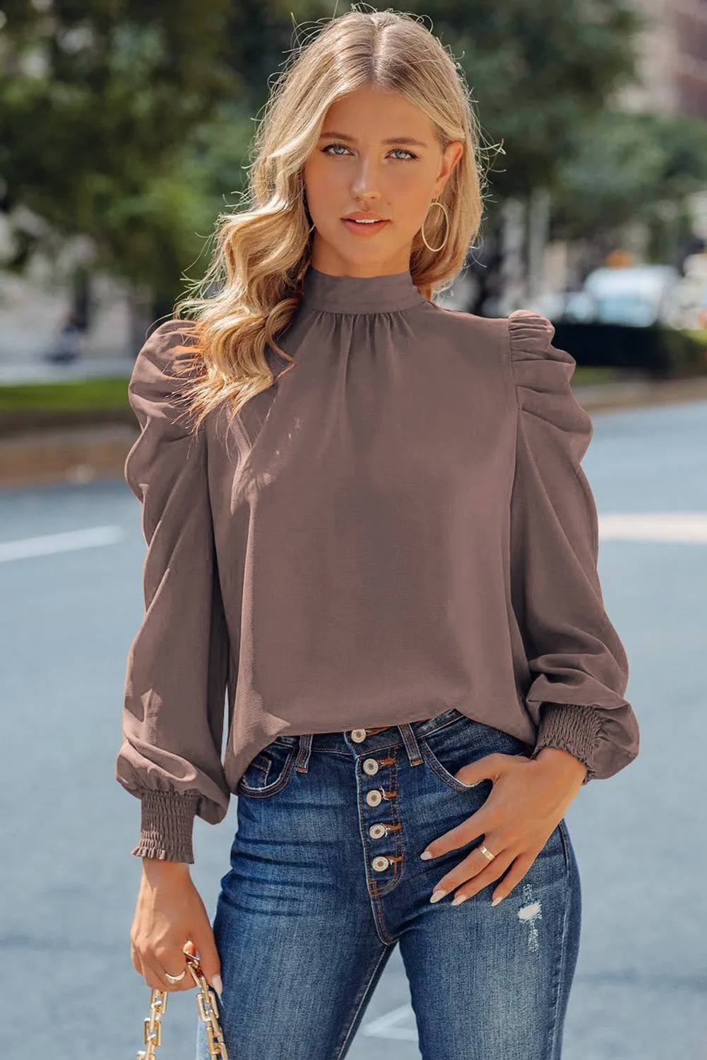 Womens High Neck Puff Long Sleeve Dressy Casual Work Loose Blouses Tops Shirts