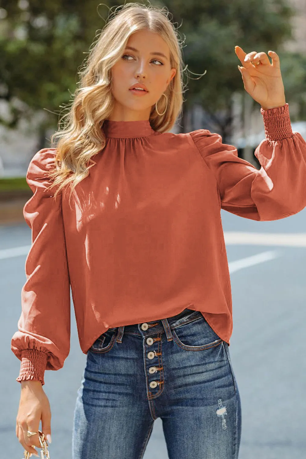 Womens High Neck Puff Long Sleeve Dressy Casual Work Loose Blouses Tops Shirts