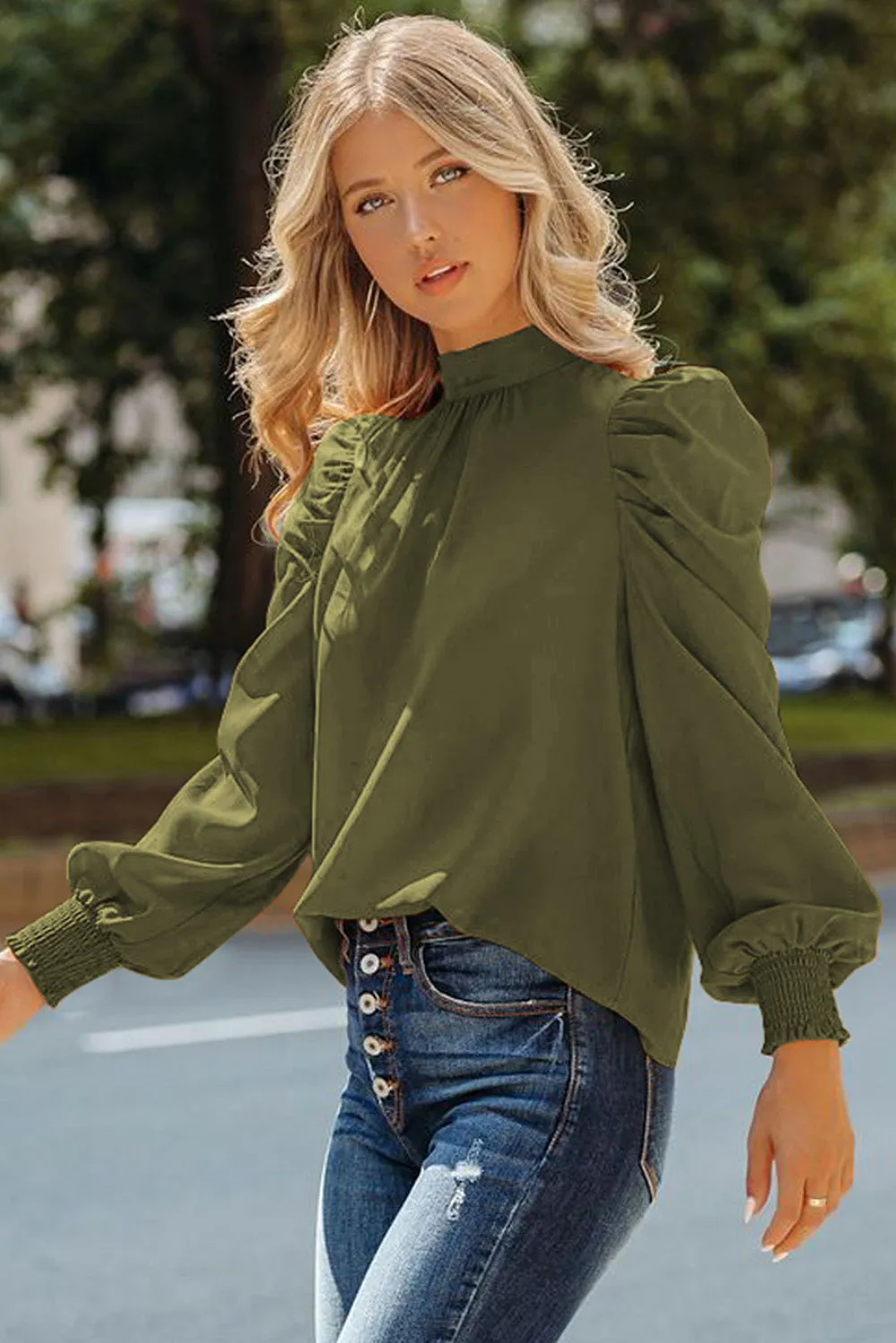 Womens High Neck Puff Long Sleeve Dressy Casual Work Loose Blouses Tops Shirts