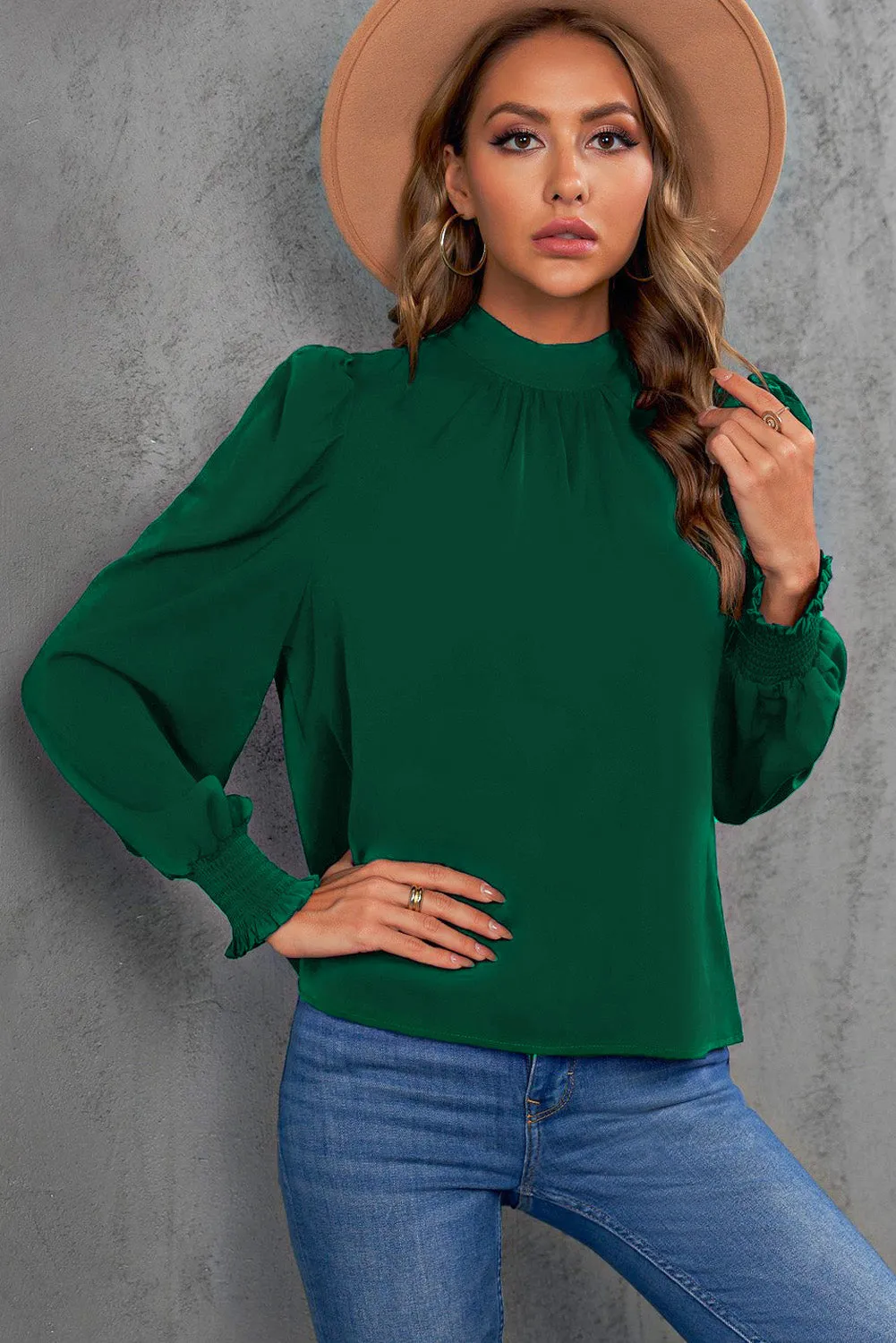 Womens High Neck Puff Long Sleeve Dressy Casual Work Loose Blouses Tops Shirts