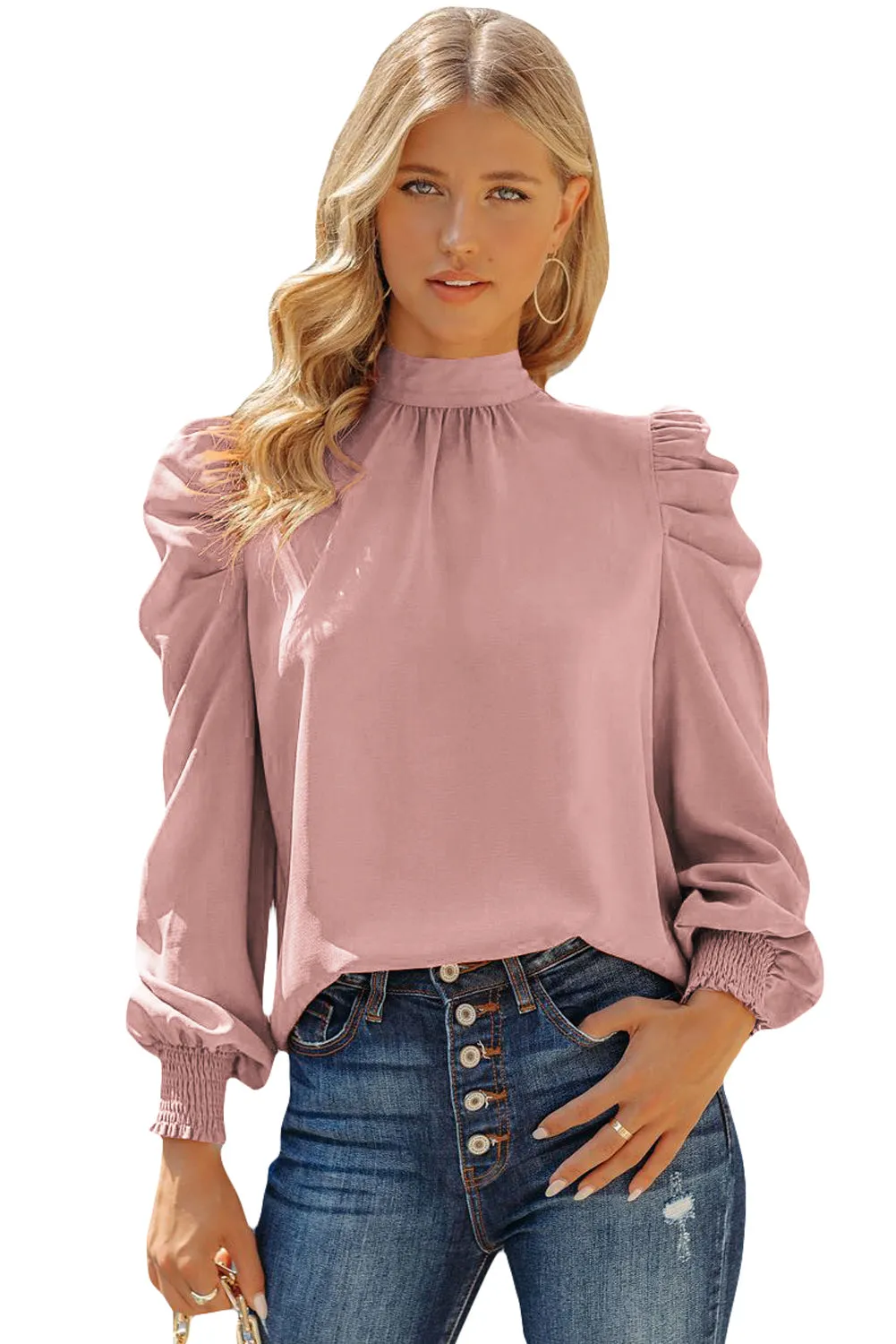 Womens High Neck Puff Long Sleeve Dressy Casual Work Loose Blouses Tops Shirts