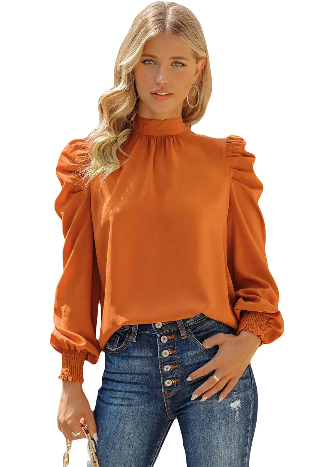 Womens High Neck Puff Long Sleeve Dressy Casual Work Loose Blouses Tops Shirts