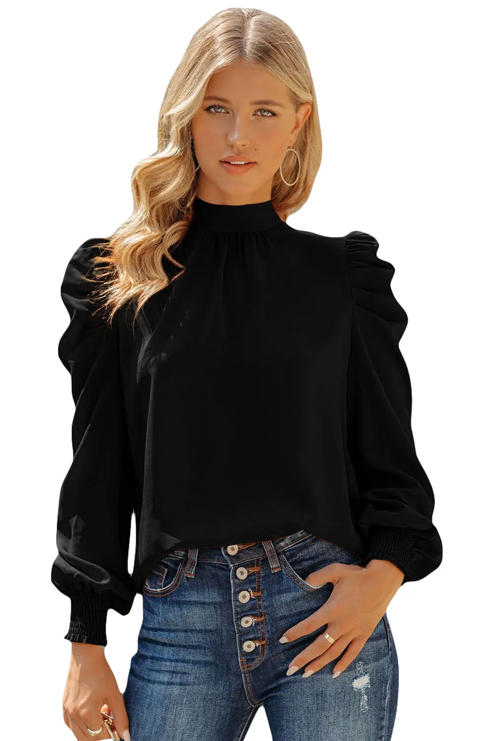 Womens High Neck Puff Long Sleeve Dressy Casual Work Loose Blouses Tops Shirts