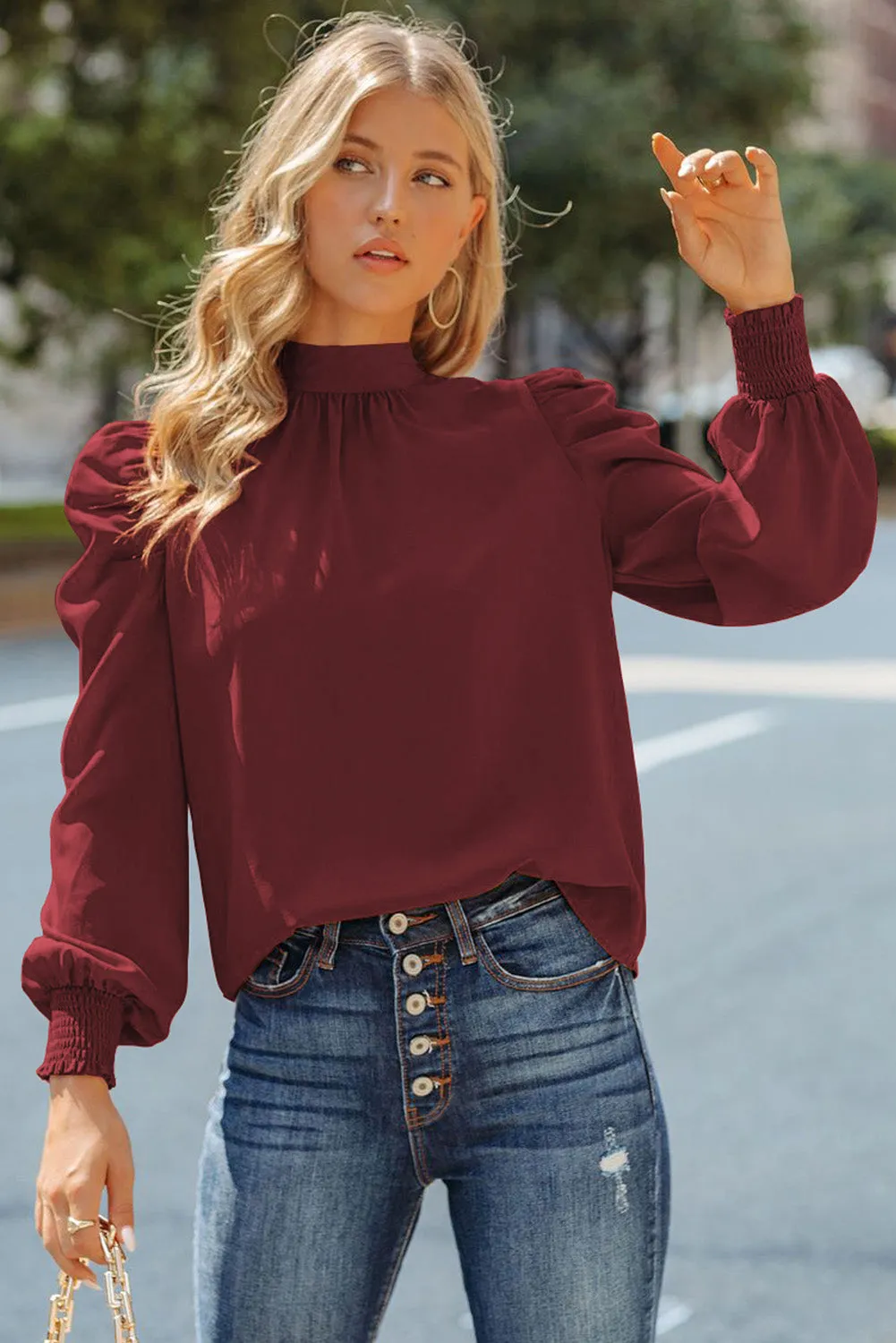 Womens High Neck Puff Long Sleeve Dressy Casual Work Loose Blouses Tops Shirts