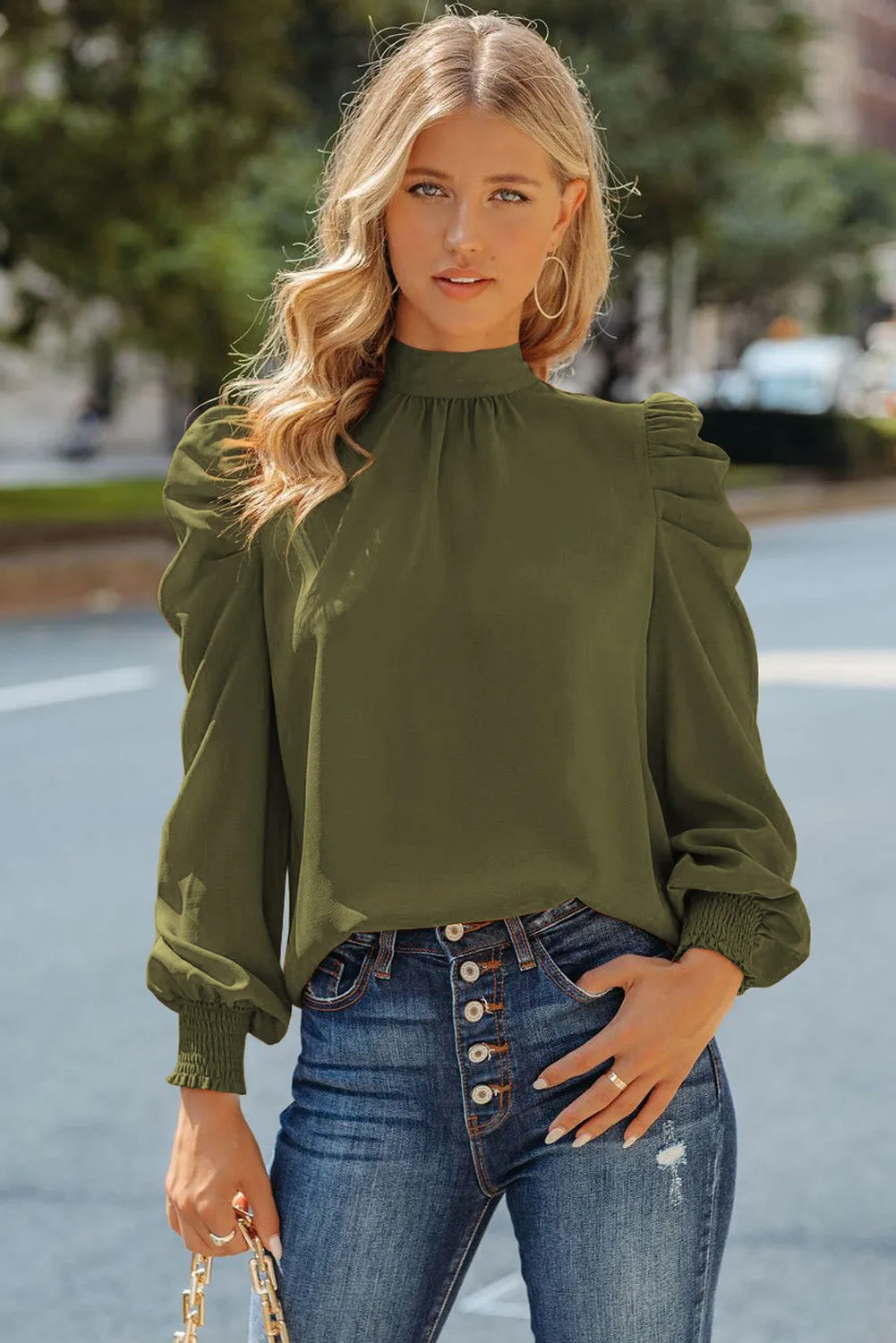 Womens High Neck Puff Long Sleeve Dressy Casual Work Loose Blouses Tops Shirts