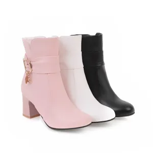 Women's Pu Leather Round Toe Belts Buckles Block Heel Ankle Boots