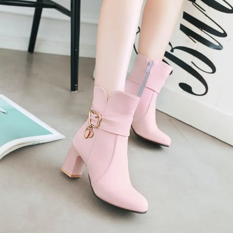 Women's Pu Leather Round Toe Belts Buckles Block Heel Ankle Boots