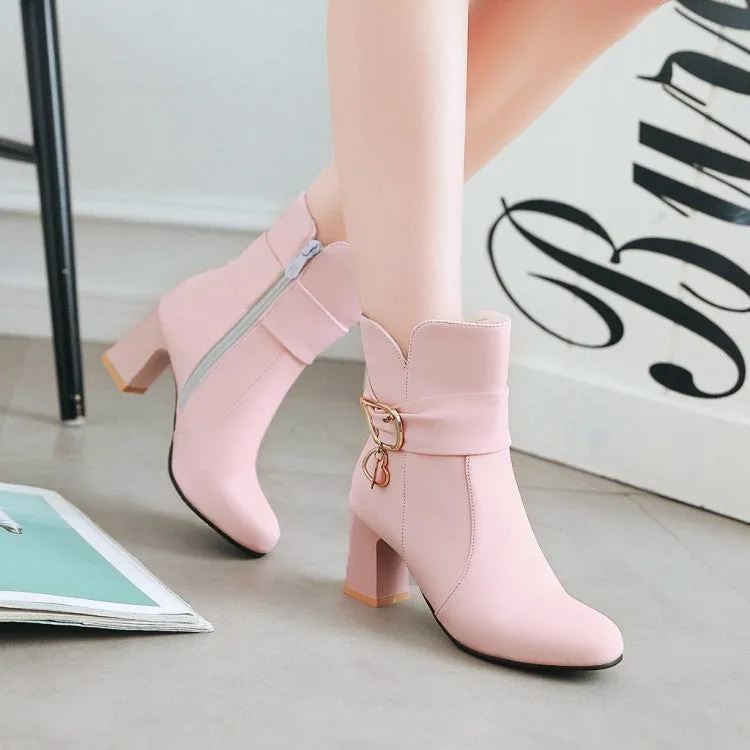 Women's Pu Leather Round Toe Belts Buckles Block Heel Ankle Boots