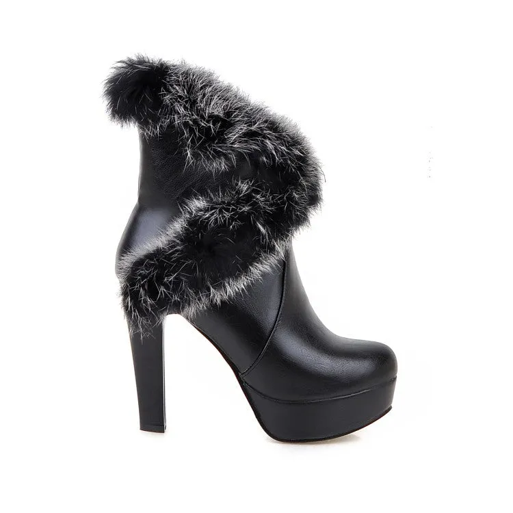 Women's Pu Leather Round Toe Fur Chunky Heel Platform Short Boots