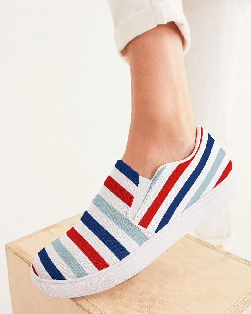 Womens Sneakers - Canvas Slip On Shoes, Red White Blue Striped Print