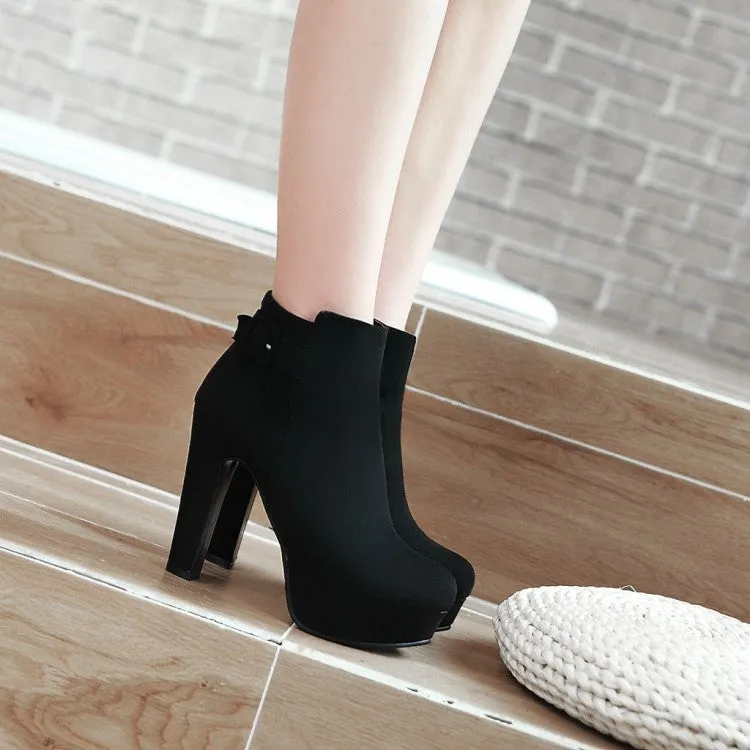 Women's Suede Round Toe Side Zippers Chunky Heel Platform Short Boots