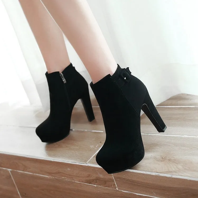 Women's Suede Round Toe Side Zippers Chunky Heel Platform Short Boots