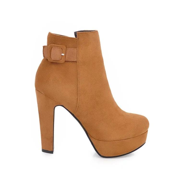 Women's Suede Round Toe Side Zippers Chunky Heel Platform Short Boots