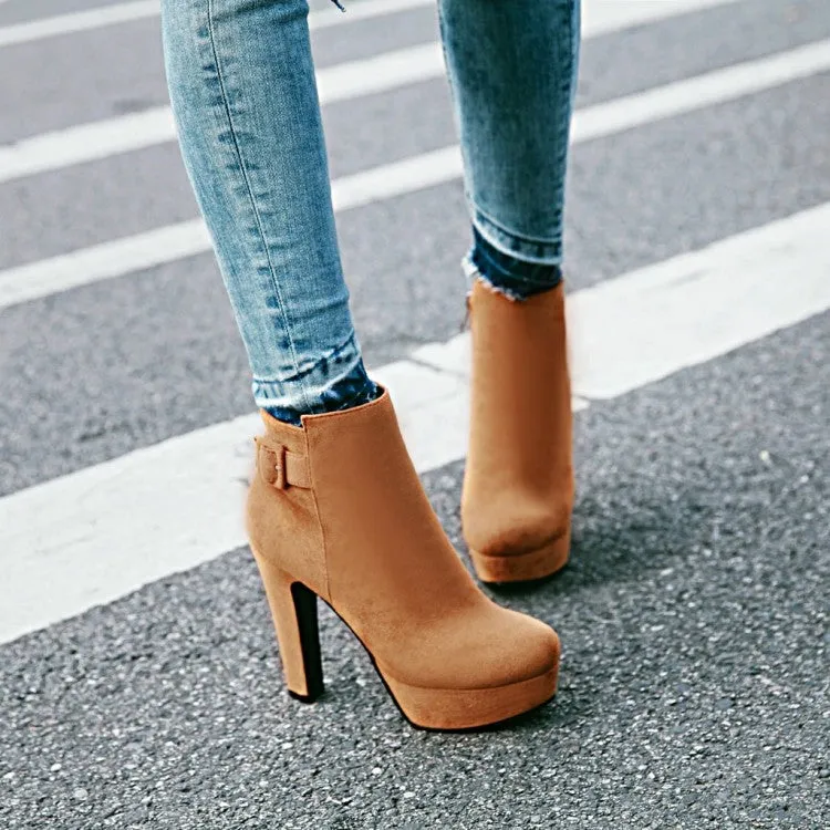 Women's Suede Round Toe Side Zippers Chunky Heel Platform Short Boots