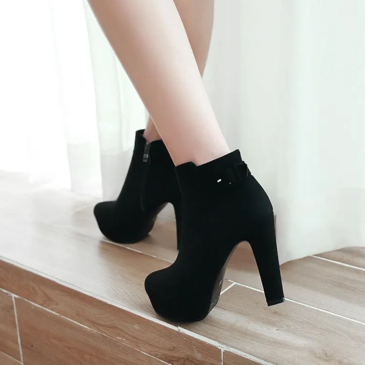 Women's Suede Round Toe Side Zippers Chunky Heel Platform Short Boots