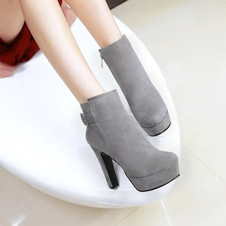 Women's Suede Round Toe Side Zippers Chunky Heel Platform Short Boots