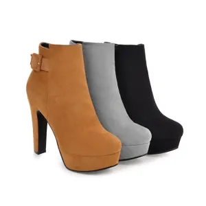 Women's Suede Round Toe Side Zippers Chunky Heel Platform Short Boots