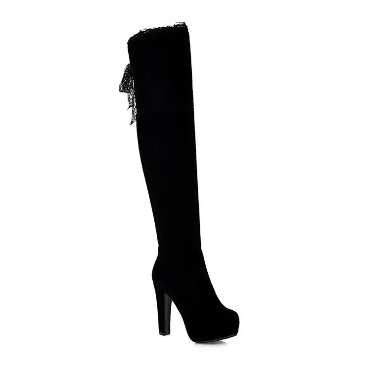 Women's Suede Side Zippers Lace Chunky Heel Platform Over the Knee Boots