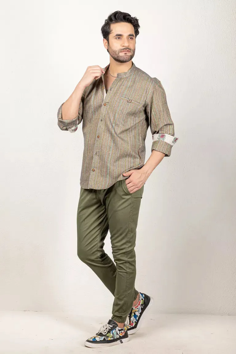 Woven Striped Dark Green Shirt