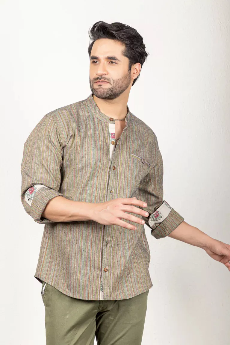 Woven Striped Dark Green Shirt