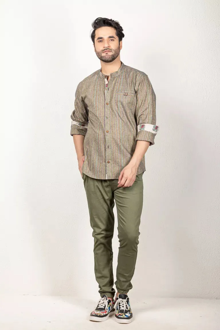 Woven Striped Dark Green Shirt